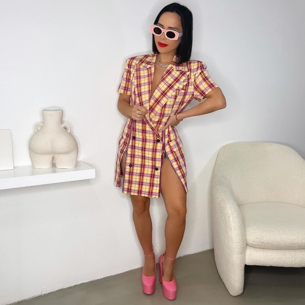 Invading Your Privacy Plaid Blazer Dress - Pink/Combo