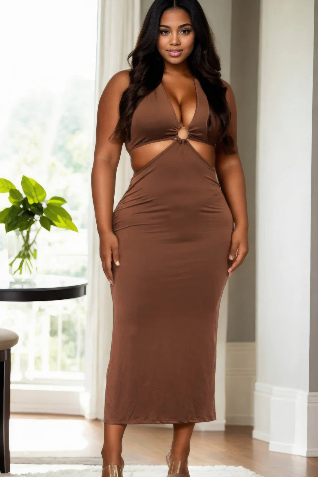 Plus Size Cabo Cut-out Midi Dress - Brown